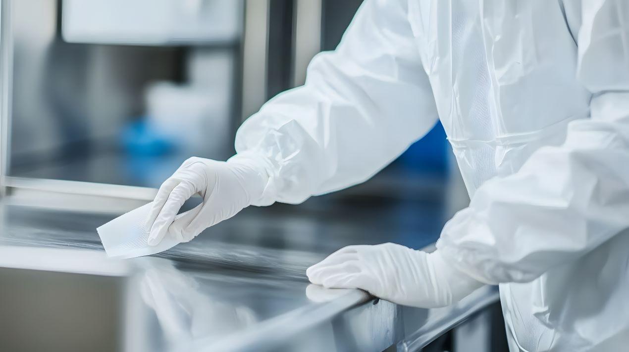 Eine Reinigungskraft in Schutzkleidung führt eine präzise reinraumreinigung industrie durch. Hochspezialisierte Wischtechniken für maximale Sauberkeit.